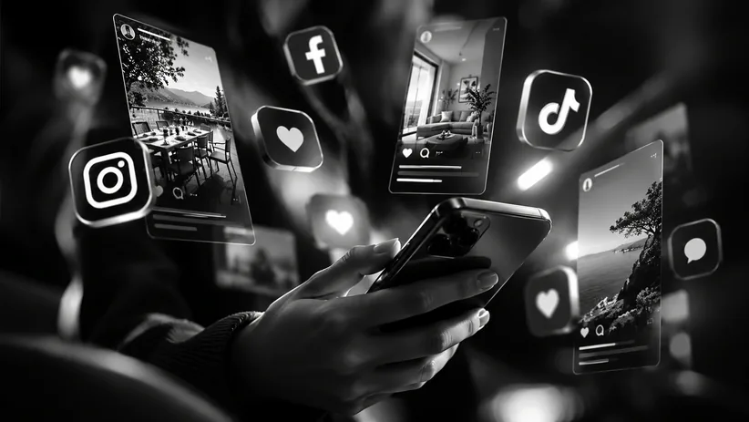 Hand som håller en mobil omgiven av inlägg från Instagram, Facebook och TikTok